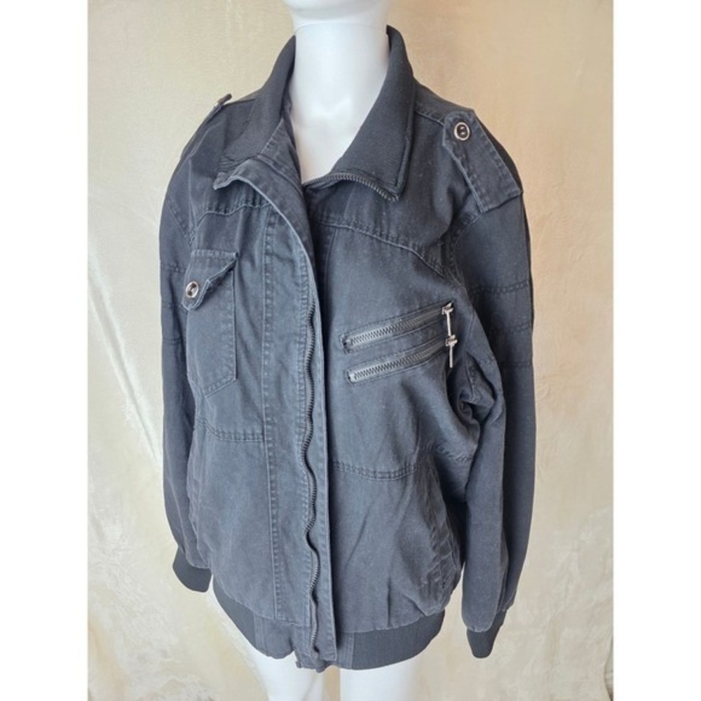 Mens Black Utility Bomber Jacket Military Style Full Zip Pockets Size M